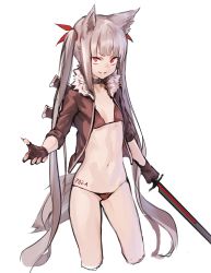 Rule 34 | &gt;:), 1girl, absurdres, animal ears, bikini, brown bikini, brown gloves, collar, cowboy shot, cropped legs, deluxe&lt;&lt;&lt;, female focus, fingerless gloves, fingernails, flat chest, fur collar, gloves, grey hair, hair ribbon, highres, long hair, looking at viewer, nail polish, navel, original, pink nails, red eyes, ribbon, sharp fingernails, sheath, simple background, solo, stomach, string bikini, swimsuit, sword, tail, tattoo, twintails, v-shaped eyebrows, very long hair, weapon, white background