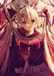 Rule 34 | 1girl, absurdres, adapted costume, alternate hair length, alternate hairstyle, blonde hair, bow, bowtie, commentary request, crystal, dress, flandre scarlet, frilled dress, frilled sleeves, frills, hair between eyes, hat, hat ribbon, highres, long hair, long sleeves, looking at viewer, mob cap, parted lips, red bow, red bowtie, red dress, red eyes, red ribbon, ribbon, solo, toho sweet, touhou, twintails, upper body, very long hair, white hat, wide sleeves
