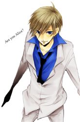 Rule 34 | 1boy, alice? (are you alice?), are you alice?, artist request, blonde hair, blue eyes, blue shirt, closed mouth, copyright name, formal, looking at viewer, male focus, necktie, shirt, short hair, simple background, solo, suit, text focus, white background, white suit