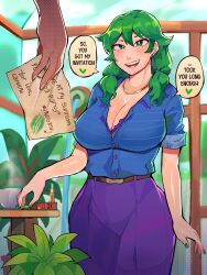 Rule 34 | 1girl, 1other, absurdres, ambiguous gender, belt, belt buckle, blue shirt, blush, braid, breasts, brown belt, buckle, caroline (stardew valley), cleavage, commentary, cosmetics, cup, diforland, english commentary, english text, green eyes, green hair, green lipstick tube, highres, indoors, jewelry, large breasts, lipstick tube, necklace, open mouth, paper, plant, purple skirt, shirt, skirt, sleeves rolled up, smile, stardew valley, table, tea, teacup, teeth, twin braids, upper teeth only