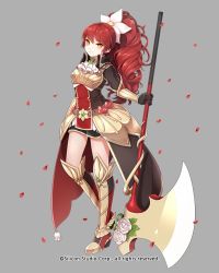 Rule 34 | 1girl, armor, armored boots, axe, boots, company name, curly hair, flower, full body, gloves, grey background, gyakushuu no fantasica, hair flower, hair ornament, leaf, long hair, millgua, official art, orange eyes, petals, ponytail, red hair, simple background, weapon