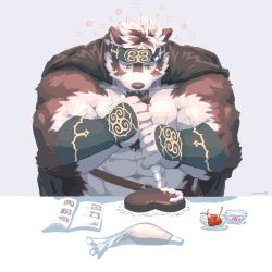 Rule 34 | 1boy, abs, animal ears, bara, beard, cake, facial hair, food, furry, furry male, grey hair, happy, headband, horkeu kamui, male focus, mixvariety, multicolored hair, muscular, pastry, pectorals, simple background, sketch, solo, tokyo houkago summoners, valentine, vambraces
