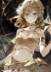 Rule 34 | 1girl, arm at side, armlet, bandeau, bare shoulders, black background, blonde hair, bracer, brown background, crop top, daiba nana, earrings, floating hair, flower, gem, gradient background, green eyes, hair between eyes, hair down, hair flower, hair ornament, hand up, harem outfit, highres, holding, holding shawl, jewelry, light particles, looking at viewer, medium hair, midriff, navel, necklace, official alternate costume, official alternate hairstyle, parted lips, pearl necklace, pendant, see-through, shawl, shoujo kageki revue starlight, solo, standing, stomach, strapless, suzumi (ccroquette), tube top, upper body, white flower, yellow gemstone