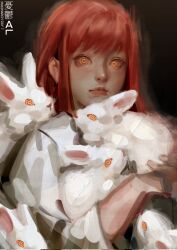 011012_art 1girl blunt_bangs chainsaw_man demon_girl highres looking_at_viewer makima_(chainsaw_man) rabbit red_hair ringed_eyes sidelocks solo yellow_eyes