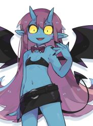 Rule 34 | 1girl, :d, bare arms, belt, belt buckle, black bra, black nails, black sclera, black shorts, blue skin, blush, bow, bowtie, bra, buckle, colored sclera, colored skin, cowboy shot, demon girl, demon tail, demon wings, fang, flat chest, hair between eyes, hand up, horns, howakko bright, ishuzoku reviewers, kuramori (mg kura), long hair, looking at viewer, monster girl, nail polish, navel, oni horns, open mouth, pointy ears, purple bow, purple bowtie, purple hair, short eyebrows, short shorts, shorts, simple background, smile, solo, standing, tail, underwear, white background, wings, yellow eyes