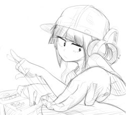 Rule 34 | 10s, 1girl, arms up, boku no hero academia, dj, female focus, filthypaladin, greyscale, half-closed eyes, hat, headphones, jacket, jirou kyouka, looking to the side, monochrome, short hair, simple background, sketch, solo, white background
