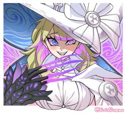 Rule 34 | 1girl, absurdres, blonde hair, breasts, diabellze the original sinkeeper, duel monster, fingernails, gloves, hat, high collar, highres, just dreamo, large breasts, long fingernails, long hair, long sleeves, looking at viewer, multicolored hair, open mouth, smile, solo, witch hat, yu-gi-oh!