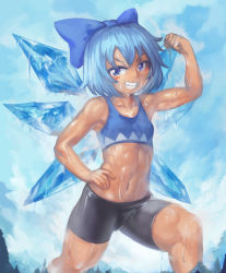 Rule 34 | 1girl, abs, bare arms, bike shorts, blue bow, blue eyes, blue hair, blush stickers, bow, cirno, crop top, flat chest, flexing, giant, giantess, grin, hair bow, ice, ice wings, midriff, muscular, muscular female, navel, short hair, smile, solo, stomach, sweat, tan, tank top, tanned cirno, toned, touhou, tree, wings, yilx