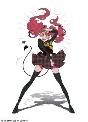 Rule 34 | 1girl, black thighhighs, btmr game, earrings, floating hair, heart, holding, horns, houndstooth, jewelry, kujikawa rise, long sleeves, neckerchief, persona, persona 4, red hair, school uniform, shadow, signature, simple background, skirt, solo, standing, tail, thighhighs, twintails, w, white background, yasogami school uniform, yellow eyes, yellow neckerchief