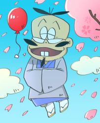 Rule 34 | 1boy, bad id, bad pixiv id, balloon, batsugorou, beard, blue sky, cherry blossoms, cloud, day, endou (endo solt), facial hair, floating, ghost, glasses, highres, japanese clothes, male focus, mouretsu atarou, mustache, sky, smile, solo