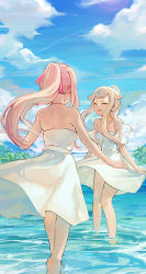 Rule 34 | 2girls, absurdres, bad id, bad pixiv id, bare arms, bare legs, bare shoulders, barefoot, blonde hair, blue ribbon, blue sky, closed eyes, clothes lift, cloud, commentary, day, dress, hair ribbon, highres, himehina channel, jewelry, lifting own clothes, multicolored hair, multiple girls, necklace, open mouth, outdoors, pink hair, pink ribbon, ponytail, ribbon, sidelocks, skirt, skirt lift, sky, sleeveless, sleeveless dress, smile, standing, strapless, strapless dress, streaked hair, sundress, suzuki hina, tanaka hime, virtual youtuber, wading, water, white dress, z.boat