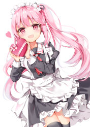 Rule 34 | 1girl, :d, apron, black serafuku, black thighhighs, blush, box, commentary request, frilled apron, frills, gift, gift box, harusame (kancolle), heart, heart-shaped box, highres, holding, holding gift, juliet sleeves, kantai collection, long hair, long sleeves, maid headdress, neckerchief, open mouth, pink eyes, pink hair, puffy sleeves, red neckerchief, school uniform, serafuku, side ponytail, simple background, smile, solo, sugisaki yuu, thighhighs, white apron, white background