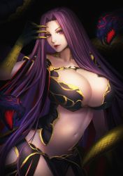 Rule 34 | 1girl, breasts, fate/grand order, fate (series), forehead, gorgon (fate), highres, large breasts, lips, long hair, medusa (fate), minami koyogi, navel, purple eyes, purple hair, revealing clothes, rider, stomach, very long hair