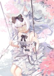 Rule 34 | 1girl, absurdres, animal ear fluff, animal ears, azur lane, bare shoulders, black bow, bow, cat ears, center frills, dress, dress bow, flower, frilled dress, frilled umbrella, frills, from above, hair bow, highres, holding, holding umbrella, long hair, looking at viewer, official alternate costume, pink flower, sitting, sleeveless, sleeveless dress, solo, swing, umbrella, white bow, white dress, white hair, white theme, white umbrella, ymmt, yukikaze (azur lane), yukikaze (sovereign of the swing) (azur lane)
