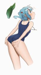 Rule 34 | 1girl, absurdres, ass, bare legs, blue eyes, blue hair, blunt bangs, blush, breasts, commentary request, covering ass, covering privates, cropped legs, green hat, hair bobbles, hair ornament, hands on own ass, hat, highres, jewelry, kawashiro nitori, key, key necklace, leaning forward, looking back, necklace, open mouth, profile, pudding modoki, school swimsuit, short hair, sideways glance, simple background, small breasts, solo, swimsuit, touhou, two side up, unworn hat, unworn headwear, white background