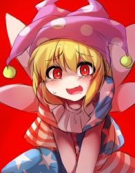 Rule 34 | 1girl, american flag dress, american flag legwear, blonde hair, blush, clownpiece, fairy wings, fun bo, hat, jester cap, looking at viewer, neck ruff, open mouth, pantyhose, polka dot, red background, red eyes, short sleeves, simple background, sketch, solo, star (symbol), star print, touhou, v arms, wings