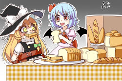 Rule 34 | 2girls, a-xii, ascot, baguette, bat wings, belt, blonde hair, blue hair, blush, bow, bread, bread bun, bread slice, brooch, chinese commentary, commentary request, fang, feeding, food, force-feeding, gradient background, green bow, hat, hat bow, jewelry, kirisame marisa, multiple girls, red ascot, red bow, red eyes, remilia scarlet, restrained, ribbon, scared, short hair, short sleeves, simple background, skin fang, tagme, touhou, trembling, white bow, wings, witch hat, yellow eyes