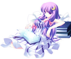 Rule 34 | 1girl, adapted costume, arm support, armpits, bare arms, book, bow, breasts, crescent, crescent hair ornament, dress, female focus, hair ornament, large breasts, leaning back, long hair, magic, motomiya mitsuki, no headwear, open book, patchouli knowledge, pink bow, purple eyes, purple hair, simple background, sitting, sleeveless, solo, striped, touhou