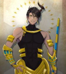 Rule 34 | 1boy, aragami oga, arm guards, armor, black hair, black shirt, cosplay, covered abs, dark-skinned male, dark skin, earrings, fate (series), green eyes, grin, hand on own hip, highres, holding, holding staff, holostars, horns, jewelry, looking at viewer, male focus, ozymandias (fate), ozymandias (fate) (cosplay), sasago335, sharp teeth, shirt, single horn, sleeveless, sleeveless turtleneck, smile, solo, staff, straight-on, swept bangs, teeth, toned, toned male, turtleneck, upper body, virtual youtuber