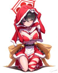 Rule 34 | 1girl, absurdres, bell, belt, black hair, blue archive, blush, boots, breasts, capelet, christmas, closed mouth, crop top, crop top overhang, elbow gloves, gloves, halo, highres, hood, hooded capelet, jingle bell, kneeling, large breasts, red footwear, red gloves, short hair, simple background, skirt, solo, sweatdrop, tsubaki (blue archive), white background, yo na