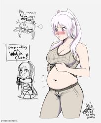 Rule 34 | 1girl, belly, blush, breasts, cleavage, clothes lift, fire emblem, fire emblem awakening, highres, large breasts, nintendo, pants, plump, purple eyes, robin (female) (fire emblem), robin (fire emblem), shirt, shirt lift, sign, sweatpants, theundeadeel, twintails, white hair