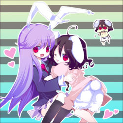 Rule 34 | 2girls, :d, ahoge, animal ears, bad id, bad pixiv id, black hair, bloomers, chibi, chibi inset, female focus, harano, heart, hug, inaba tewi, long hair, looking back, multiple girls, one eye closed, open mouth, purple hair, rabbit ears, rabbit girl, rabbit tail, reisen udongein inaba, short hair, skirt, smile, striped, striped background, tail, touhou, underwear, white bloomers, wink