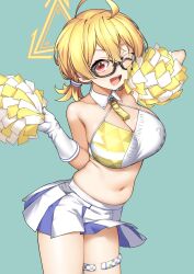 Rule 34 | 1girl, ahoge, bare shoulders, blonde hair, blue archive, blush, braid, breasts, cleavage, criss-cross halter, glasses, gloves, halo, halterneck, hatakenaka (kamagabuchi), highres, holding, holding pom poms, kotori (blue archive), kotori (cheer squad) (blue archive), large breasts, looking at viewer, low twintails, millennium cheerleader outfit (blue archive), miniskirt, navel, one eye closed, open mouth, pleated skirt, pom pom (cheerleading), pom poms, red eyes, short hair, short twintails, skirt, smile, solo, sports bra, thigh strap, thighs, twintails, white gloves, white skirt