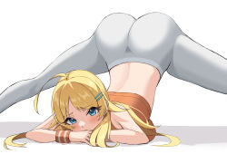 Rule 34 | 1girl, ahoge, arm support, bare arms, bare shoulders, blonde hair, blue eyes, blush, breasts, closed mouth, hachimiya meguru, hair ornament, hairclip, idolmaster, idolmaster shiny colors, jack-o&#039; challenge, large breasts, long hair, looking at viewer, pants, simple background, solo, sports bra, spread legs, sweatband, swept bangs, top-down bottom-up, white background, white pants, yoga pants, za yu a