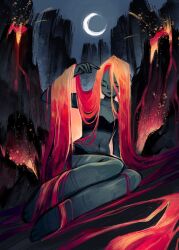 Rule 34 | 1girl, colored skin, commentary, crescent moon, english commentary, feefal, fire, full body, highres, long hair, lava, moon, mountain, multicolored hair, no humans, orange hair, original, personification, red hair, sitting, smoke, solo, two-tone hair, volcano