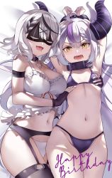 Rule 34 | 2girls, absurdres, ahoge, arm strap, armpits, arms up, bare arms, bare shoulders, bikini, black gloves, black legwear, bound, braid, grabbing another&#039;s breast, breasts, cleavage, collar, cuffs, demon horns, donggua bing cha, eye mask, fingerless gloves, flat chest, flat chest grab, frilled shirt, frills, frown, garter belt, gloves, grabbing, hair ornament, halterneck, handcuffs, happy birthday, highres, hololive, horns, la+ darknesss, large breasts, long hair, looking at viewer, lying, multicolored hair, multiple girls, navel, no pants, on back, open mouth, panties, pointy ears, purple bikini, restrained, sakamata chloe, shirt, short hair, sleeveless, sleeveless shirt, smile, stomach, streaked hair, string bikini, swimsuit, thighhighs, thighs, underwear, v-shaped eyebrows, very long hair, virtual youtuber, white hair, white panties, white shirt, x hair ornament
