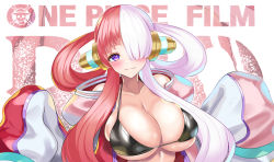 Rule 34 | 1girl, absurdres, alternate breast size, bare shoulders, bikini, bikini top only, black bikini, blush, breasts, female focus, headphones, highres, jacket, large breasts, long hair, looking at viewer, multicolored hair, nez-box, one piece, one piece film: red, open clothes, open jacket, purple eyes, red hair, shiny skin, smile, swimsuit, text focus, title, two-tone hair, underwear, uta (one piece), very long hair