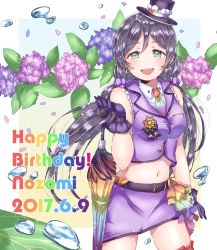 Rule 34 | 1girl, bad id, bad pixiv id, belt, blush, character name, closed umbrella, dated, flower, gloves, green eyes, happy birthday, hat, highres, holding, holding umbrella, hydrangea, kaisou (0731waka), long hair, looking at viewer, love live!, love live! school idol festival, love live! school idol project, mini hat, mini top hat, miniskirt, navel, open mouth, purple gloves, purple hair, purple skirt, skirt, smile, solo, top hat, tojo nozomi, twintails, umbrella, water drop