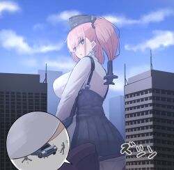 Rule 34 | 1girl, 2boys, anchor hair ornament, atlanta (kancolle), black dress, blue eyes, breasts, brown hair, butt crush, car, city, commentary request, day, dress, earrings, garrison cap, giant, giantess, hair ornament, hat, highres, jewelry, kantai collection, large breasts, motor vehicle, multiple boys, natsukaze shigure, outdoors, shirt, skirt, sky, solo focus, star (symbol), star earrings, suspender skirt, suspenders, two side up, white shirt