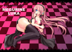 Rule 34 | 1girl, ass, bad id, bad pixiv id, black thighhighs, blue eyes, border, breasts, censored, checkered floor, floor, headphones, lace, lace border, legs, long hair, lying, medium breasts, megurine luka, on side, one eye closed, open clothes, ornate border, perspective, pink hair, ratise, side slit, solo, star (symbol), thighhighs, very long hair, vocaloid, wink