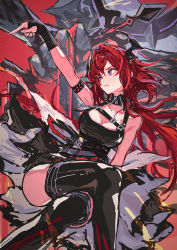 Rule 34 | 1girl, arknights, chest strap, choker, demon girl, demon horns, highres, horns, id card, kaneni, lava, purple eyes, red hair, solo, surtr (arknights), thighs