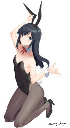 Rule 34 | 1girl, akagi kurage, animal ears, asashio (kancolle), black hair, black leotard, black pantyhose, blue eyes, commentary request, detached collar, fake animal ears, flat chest, full body, high heels, highres, kantai collection, kneeling, leotard, long hair, neck ribbon, one-hour drawing challenge, pantyhose, playboy bunny, pumps, rabbit ears, rabbit tail, red ribbon, ribbon, shoes, simple background, solo, strapless, strapless leotard, tail, twintails, white background, wrist cuffs
