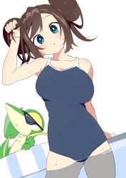 Rule 34 | 1girl, 2021, :o, alternate breast size, alternate costume, blue eyes, blue one-piece swimsuit, breasts, brown hair, competition school swimsuit, competition swimsuit, creatures (company), double bun, floatie, game freak, gen 5 pokemon, hair bun, holding, holding own hair, innertube, large breasts, looking at viewer, nintendo, one-piece swimsuit, open mouth, pokemon, pokemon (creature), pokemon bw2, pool, rosa (pokemon), school swimsuit, simple background, snivy, standing, sunglasses, swim ring, swimsuit, thick thighs, thighs, tottotonero, water, wet, white background