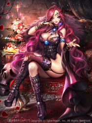 Rule 34 | 1girl, bad id, bad pixiv id, blue eyes, boots, breasts, candle, chain, cleavage, corset, crossed legs, dadachyo, earrings, finger to mouth, garter straps, gem, high heel boots, high heels, huge breasts, jewelry, long hair, looking at viewer, nail polish, pink hair, single thighhigh, sitting, skull, solo, tenka touitsu chronicle, tenkuu no crystalia, thighhighs, torn clothes, torn thighhighs, very long hair, wavy hair