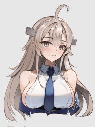 Rule 34 | 1girl, ahoge, bare shoulders, blue necktie, blush, breasts, collared shirt, corrupted twitter file, cropped torso, dimos (dawn 1945), grey background, hair between eyes, headgear, highres, kantai collection, large breasts, long hair, looking at viewer, necktie, shirt, simple background, sleeveless, sleeveless shirt, smile, solo, upper body, washington (kancolle), white shirt
