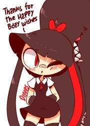 Rule 34 | 1girl, arms behind back, ascot, bandaid, birthday, black dress, black hair, black thighhighs, blush, bow, breasts, cowboy shot, creatures (company), diives, dress, english text, extra mouth, female focus, game freak, gen 3 pokemon, hair bow, hair ornament, highres, looking away, mawile, nintendo, no humans, one eye closed, open mouth, pokemon, pokemon (creature), red ascot, red bow, red eyes, school uniform, sharp teeth, shirt, short sleeves, signature, simple background, sleeveless, sleeveless dress, small breasts, solo, standing, talking, teeth, text focus, thighhighs, white background, white shirt, zettai ryouiki