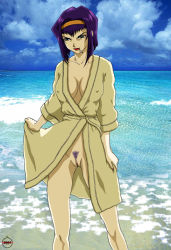 Rule 34 | 1990s (style), 1girl, breasts, cigarette, cleavage, cloud, cowboy bebop, day, faye valentine, female pubic hair, hairband, large breasts, lipstick, makeup, ocean, pubic hair, purple hair, pussy, robe, smoking, solo