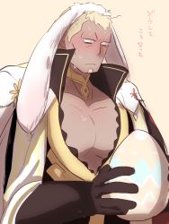 Rule 34 | 1boy, animal ears, bara, benny (fire emblem), black gloves, blonde hair, blush, buzz cut, dark-skinned male, dark skin, ears down, easter, easter egg, egg, facial hair, fire emblem, fire emblem fates, gloves, goatee, holding, holding egg, kemonomimi mode, large pectorals, long sideburns, male focus, mature male, monsuke (monban), muscular, muscular male, nintendo, partially unbuttoned, pectoral cleavage, pectorals, rabbit boy, rabbit ears, scar, scar on face, scar on forehead, short hair, sideburns, solo, translation request, upper body, very short hair