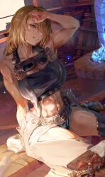 1girl abs barrel blacksmith blonde_hair commentary_request eeekaku_tofu fire goggles goggles_around_neck hair_over_eyes highres muscular muscular_female original shorts sitting solo suspenders sweat tank_top toned wiping_sweat yellow_eyes