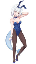 Rule 34 | 1girl, absurdres, animal ears, black pantyhose, blue bow, blue bowtie, blue leotard, bow, bowtie, breasts, commentary request, commission, detached collar, fins, fish tail, full body, highleg, highleg leotard, highres, hoshino shark, indie virtual youtuber, leotard, medium breasts, pantyhose, playboy bunny, purple eyes, rabbit ears, rizzy, shark tail, short hair, simple background, skeb commission, solo, standing, strapless, strapless leotard, tail, virtual youtuber, white background, white hair, wrist cuffs