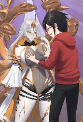 Rule 34 | 1boy, 1girl, blush, breasts, cleavage, colored skin, commission, covered navel, curtains, fire emblem, fire emblem heroes, flustered, gold trim, grabbing, grabbing another&#039;s breast, gradient hair, grey hair, groping, groping breast, groping motion, gullveig (fire emblem), highres, horns, large breasts, long hair, multicolored hair, nintendo, parted bangs, see-through, see-through cleavage, shou illust, single horn, snake, squeezing, thighs, two-tone hair, white skin, wide sleeves, yellow eyes