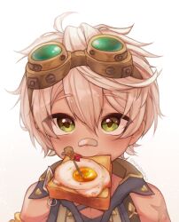 Rule 34 | 1boy, ahoge, artist name, bandaid, bandaid on face, bandaid on nose, bare shoulders, bennett (genshin impact), blush, bread, bread slice, brown shirt, collared shirt, commentary, egg, english commentary, food, food in mouth, fried egg, fried egg on toast, genshin impact, goggles, goggles on head, green eyes, hair between eyes, highres, light particles, looking at viewer, male focus, mouth hold, nightbawnana, scar, scar on arm, shirt, short hair, sidelocks, simple background, sleeveless, sleeveless shirt, solo, toast, twitter username, upper body, white background, white hair, wing collar