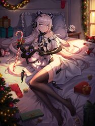 Rule 34 | 1girl, 2024, animal ears, artist name, bare shoulders, bear ears, bed, black dress, black gloves, black thighhighs, blush, box, bracelet, breasts, candy, candy cane, chinese commentary, christmas, christmas ornaments, christmas stocking, christmas tree, christmas wreath, coat, commentary, copyright notice, crying, crying with eyes open, detached sleeves, drawer, dress, elbow gloves, fake animal ears, fingernails, food, full body, gift, gift box, gloves, hair intakes, hat, headphones, highres, holding, holding candy, holding candy cane, holding food, indoors, jewelry, long hair, looking at viewer, lu jia yi jy, lying, mechanical ears, off-shoulder coat, off shoulder, on bed, on side, open clothes, open coat, pillow, pink hair, punishing: gray raven, purple eyes, sad, santa hat, sharp fingernails, skindentation, sleeveless, sleeveless dress, small breasts, snow globe, solo, streaming tears, stuffed animal, stuffed toy, sunlight, tears, teddy (punishing: gray raven), teddy bear, thighhighs, two-tone dress, white coat, white dress, white sleeves, window, wreath