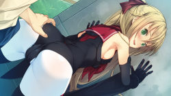 Rule 34 | 10s, 1boy, 1girl, against wall, akinashi yuu, ao no kanata no four rhythm, ao no kanata no four rhythm -es-, armpits, asagiri rinko, ass, ass grab, bare shoulders, bent over, black gloves, black pantyhose, blonde hair, blush, bodysuit, breasts, covered erect nipples, elbow gloves, game cg, gloves, grabbing another&#039;s ass, green eyes, groping, hair ribbon, hetero, imminent penetration, leotard, long hair, looking back, open mouth, pantyhose, ponytail, ribbon, sailor collar, sideboob, small breasts, smile, suzumori, thighhighs