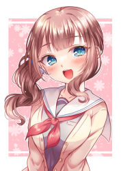 Rule 34 | 1girl, :d, blue eyes, blush, breasts, brown cardigan, brown hair, cardigan, commentary request, floral background, grey shirt, head tilt, highres, long hair, looking at viewer, medium breasts, mochizuki honami, neckerchief, open cardigan, open clothes, open mouth, pink background, project sekai, red neckerchief, sailor collar, shirt, side ponytail, sidelocks, smile, solo, two-tone background, upper body, white background, white sailor collar, yomogi (becr)