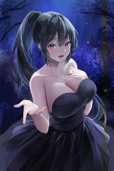 Rule 34 | 1girl, :d, absurdres, bare shoulders, black dress, black hair, blush, bra, breast suppress, breasts, cleavage, collarbone, commission, dress, hand on own chest, highres, jewelry, korean commentary, large breasts, lillly, long hair, looking at viewer, night, open mouth, original, outdoors, outstretched hand, ponytail, purple eyes, revision, ring, sidelocks, smile, solo, strapless, strapless dress, tree, underwear